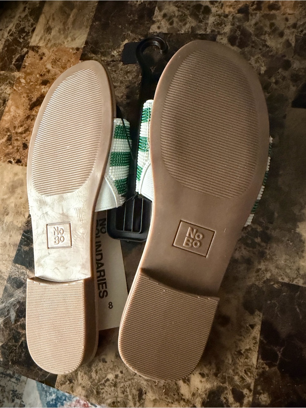 No Boundaries Pink Footbed Green & White Stripe Slide Sandals with Cherry Accent - Picture 3 of 3